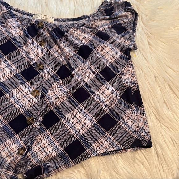 No Comment Off Shoulder Top Navy Plaid - Picture 5 of 11